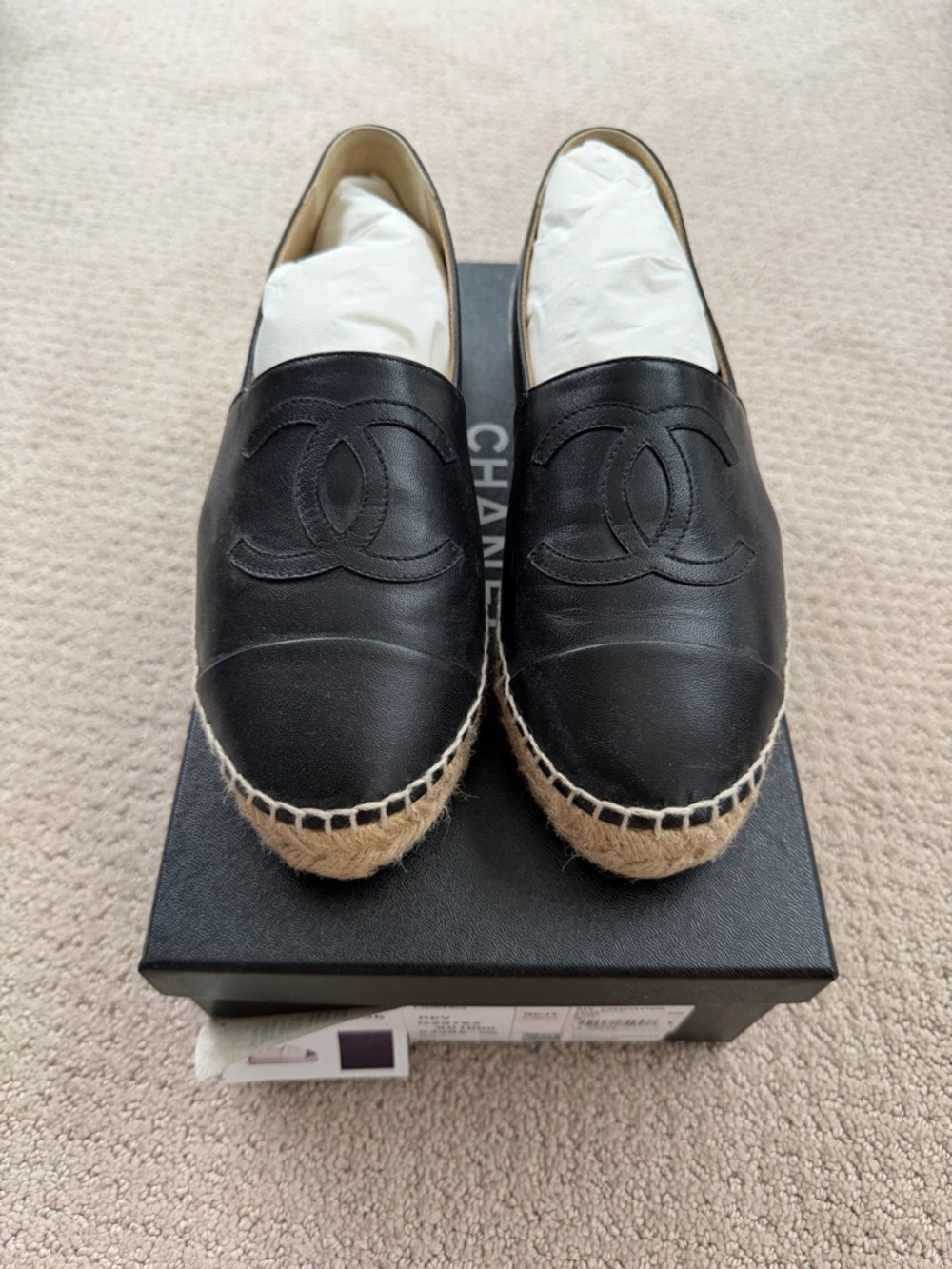 CHANEL Black Leather Espadrille Flats with Jute Trim